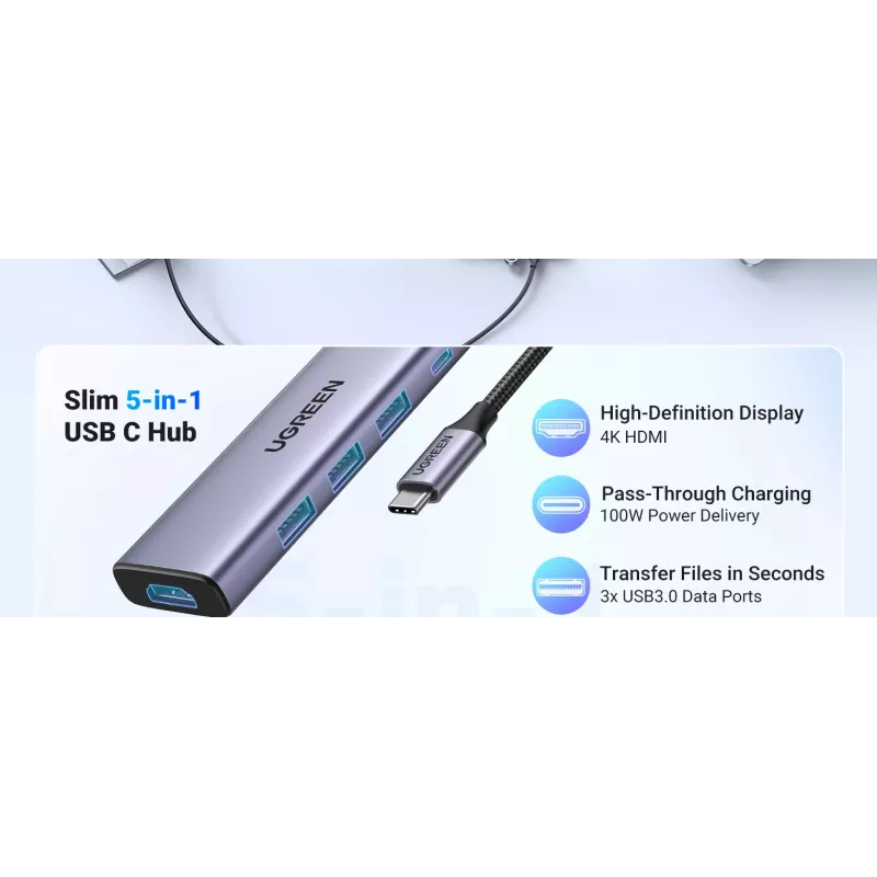 USB Type-C hub UGREEN 20956A s HDMI a USB 3.0, 5 Gbit/s, 4K 3840x2160, strieborný