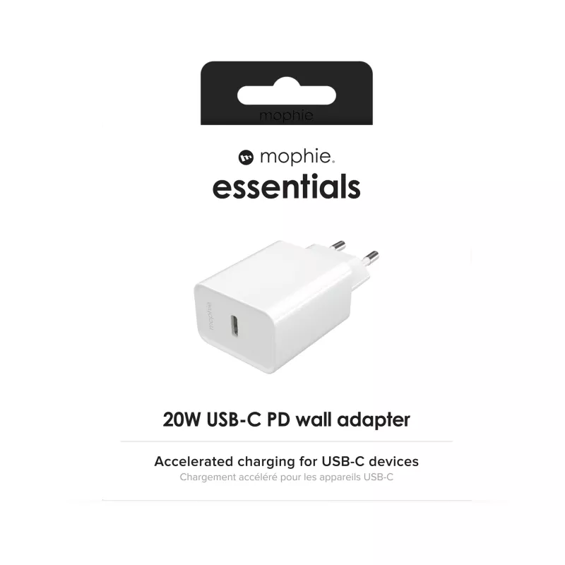mophie essentials 20W USB-C PD napájací zdroj univerzálny biela AC rýchle nabíjanie interiér
