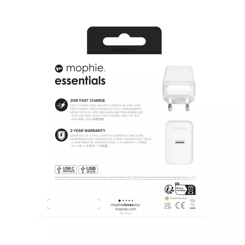 mophie essentials 20W USB-C PD napájací zdroj univerzálny biela AC rýchle nabíjanie interiér
