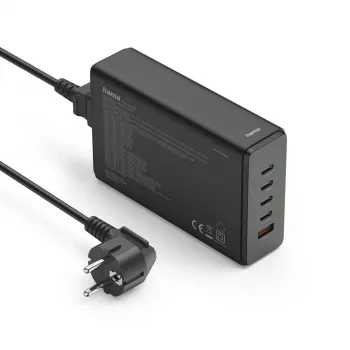 Nabíjacia stanica HAMA 201977, 240W celkom, 4× USB-C, 1× USB-A, čierna