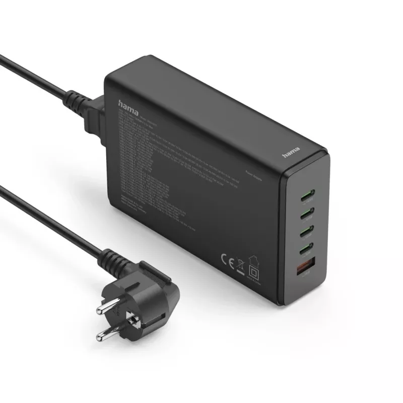 Nabíjacia stanica HAMA 201977, 240W celkom, 4× USB-C, 1× USB-A, čierna