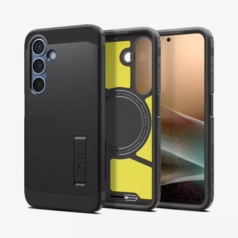 Spigen Galaxy S25 puzdro Tough Armor AI čierny kryt so stolovým stojanom