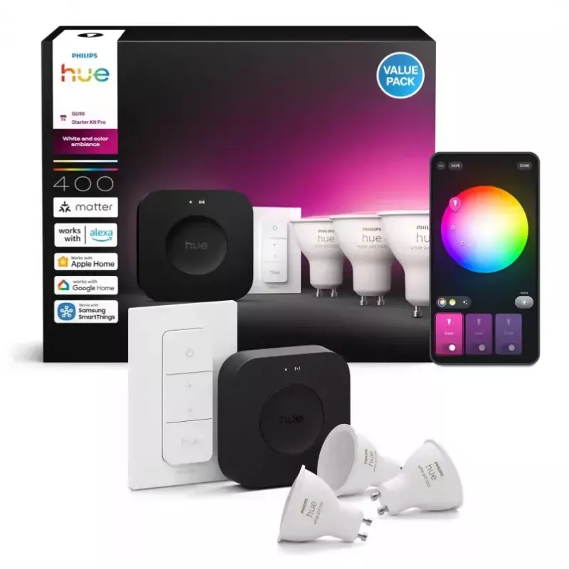 Philips Hue White and Colour Ambience Starterkit: 3 GU10 žiarovky + stmievač + Bridge Pro