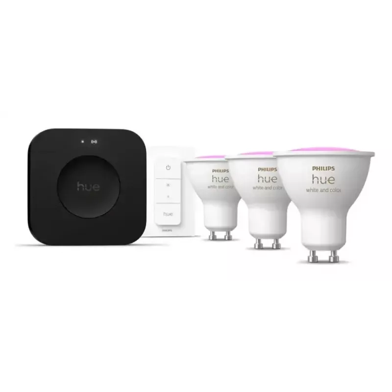 Philips Hue White and Colour Ambience Starterkit: 3 GU10 žiarovky + stmievač + Bridge Pro