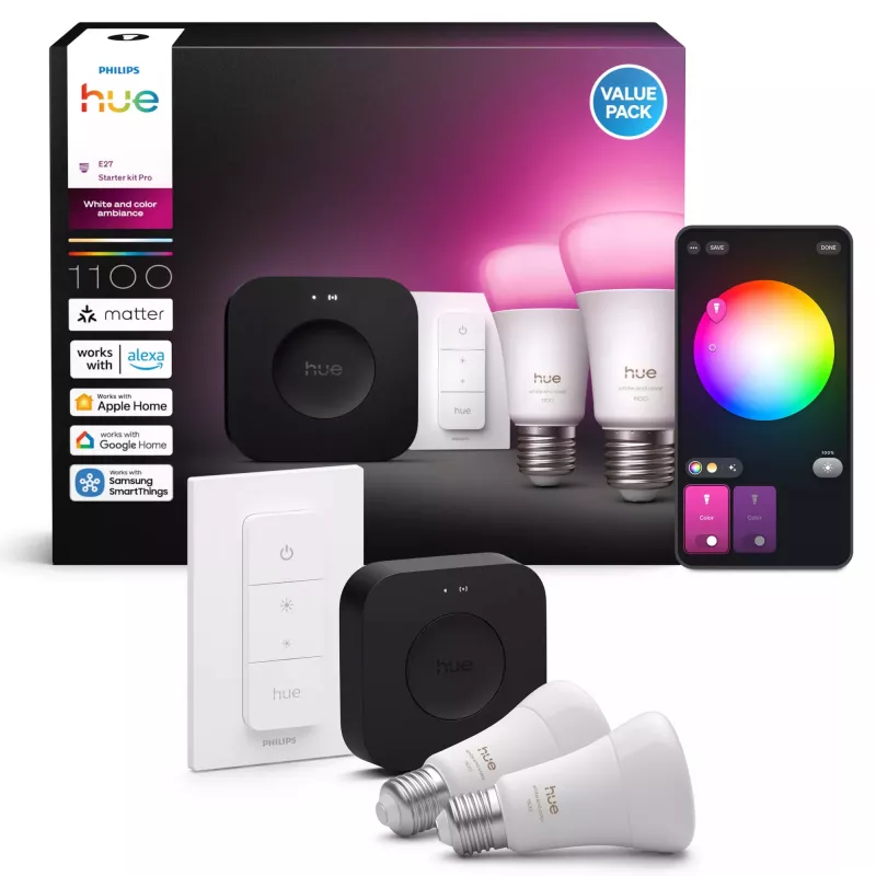 Philips Hue White and colour ambience Starterkit: 2 E27 smart lampy + stmievač + Bridge Pro
