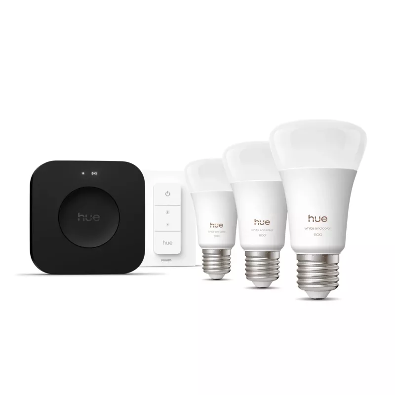 Smart svetelná sada Philips Hue White and Colour Ambience Starter Kit — 3 E27 smart lampy, stmievač, Bridge Pro, Bluetooth/Zigbee