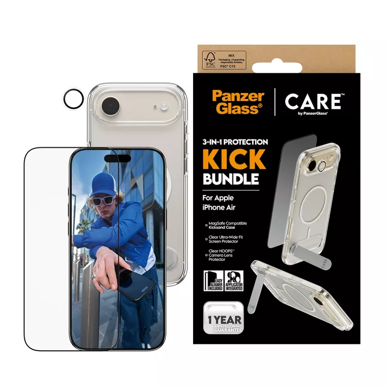 Ochranný set PanzerGlass CARE 3-in-1 Feature Kick pre iPhone Air — tvrdené sklo, PET, silikón, transparentný