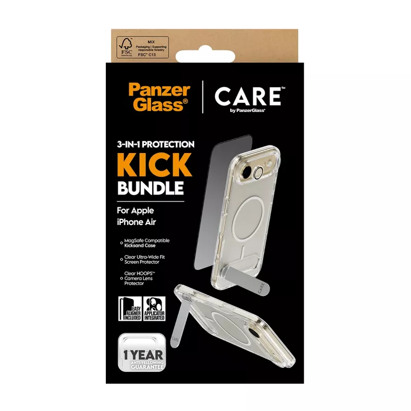 Ochranný set PanzerGlass CARE 3-in-1 Feature Kick pre iPhone Air — tvrdené sklo, PET, silikón, transparentný
