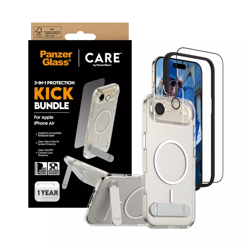 Ochranný set PanzerGlass CARE 3-in-1 Feature Kick pre iPhone Air — tvrdené sklo, PET, silikón, transparentný