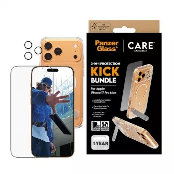 Set ochrany displeja a puzdra PanzerGlass CARE 3-in-1 Feature Kick pre iPhone 17 Pro Max — tvrdené sklo, PET, silikón, transparentný