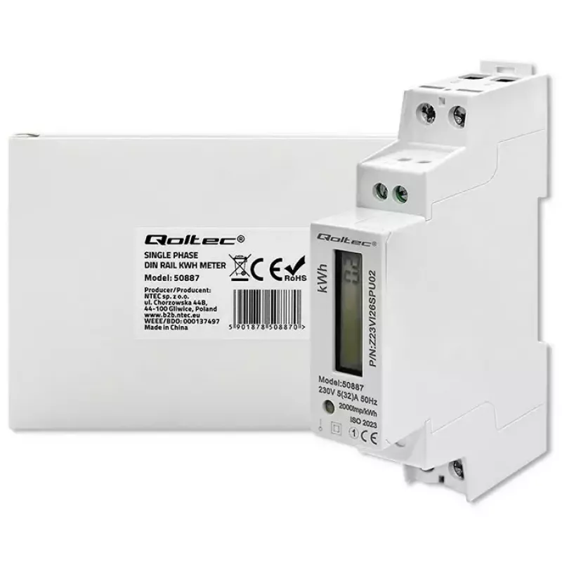 Jednofázový elektromer QOLTEC 50887 1-fázový 230V LCD tenký