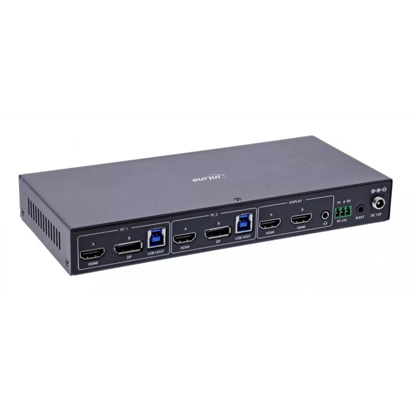 InLine 57885G KVM prepínač, 2-cestný, HDMI & DP, dva monitory, 4K60Hz, USB hub, čierny