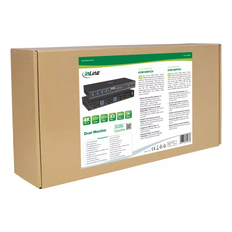 InLine 57885G KVM prepínač, 2-cestný, HDMI & DP, dva monitory, 4K60Hz, USB hub, čierny