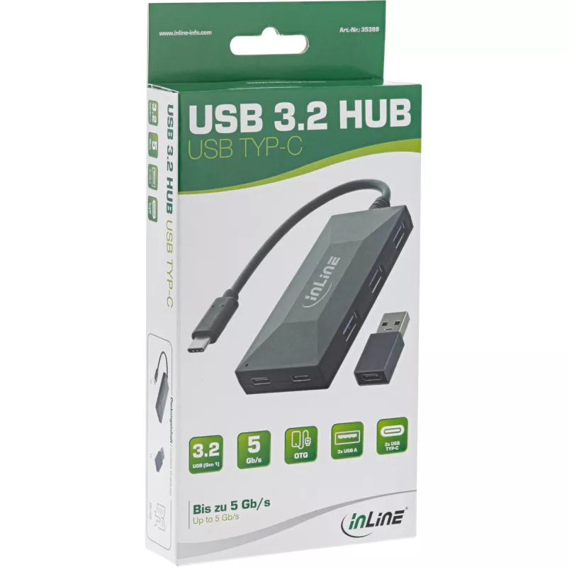 InLine USB 3.2 Gen.1 hub, USB-C na 2 porty USB-C a 3 porty USB-A, bez napájacieho zdroja