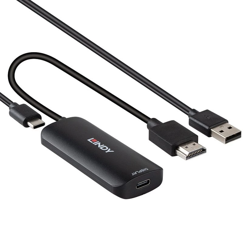 HDMI na USB Type-C konvertor Lindy 43423 s USB napájacím vstupom, 0,2 m kábel, HDMI + USB-C konektory