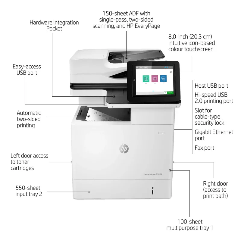 HP LaserJet Enterprise MFP M635h, laser, monotlač, 1200 x 1200 DPI, monokopírovanie, A4, čierna, biela
