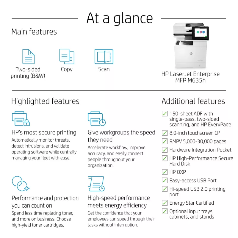 HP LaserJet Enterprise MFP M635h, laser, monotlač, 1200 x 1200 DPI, monokopírovanie, A4, čierna, biela
