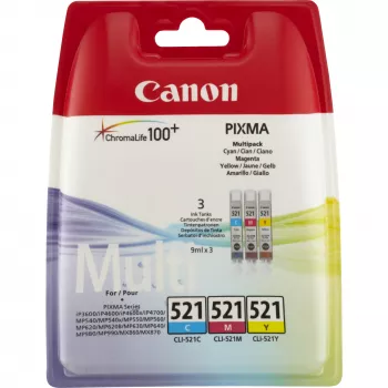 Canon CLI-521 C/M/Y farebné atramentové náplne multipack, azúrová, purpurová, žltá, pigmentový atrament, 3 kusy