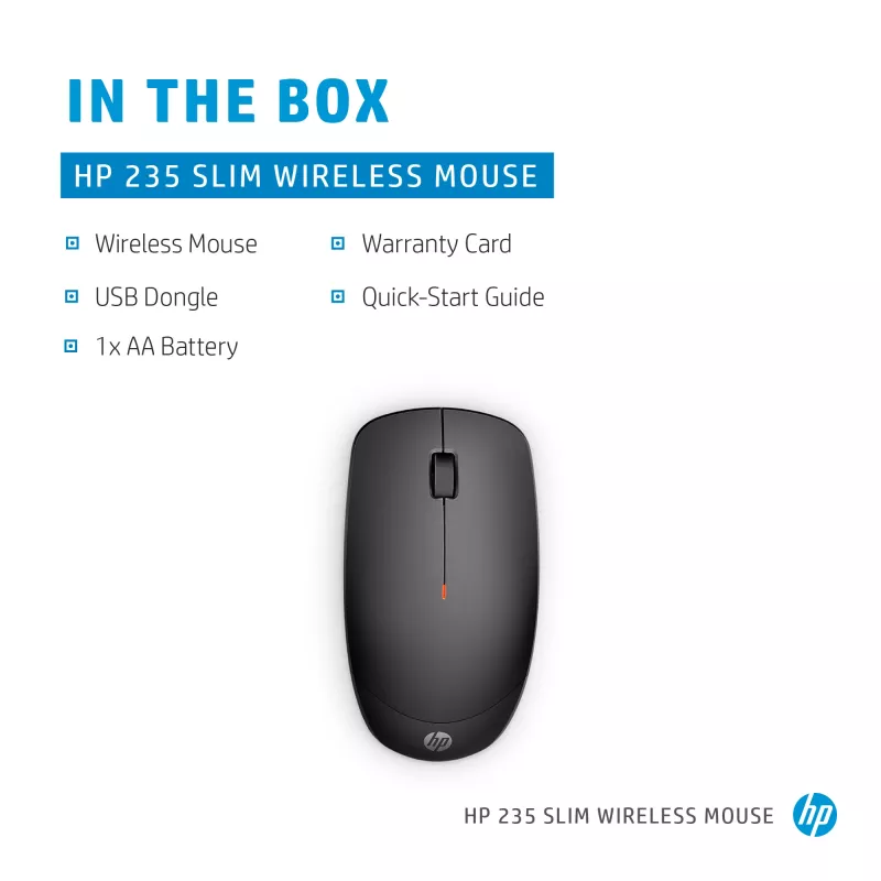 HP 235 tenká bezdrôtová myš, obojručná, optická, RF Wireless, 1600 DPI, čierna