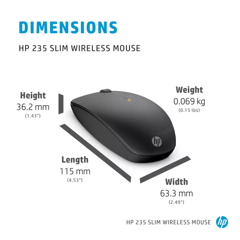 HP 235 tenká bezdrôtová myš, obojručná, optická, RF Wireless, 1600 DPI, čierna