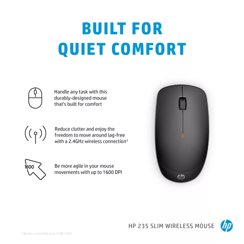 HP 235 tenká bezdrôtová myš, obojručná, optická, RF Wireless, 1600 DPI, čierna