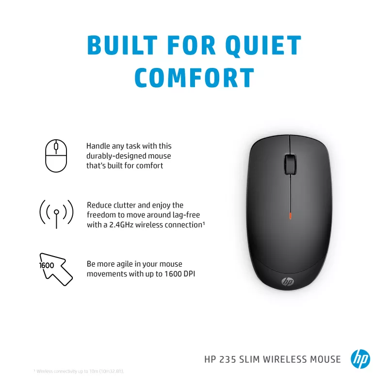 HP 235 tenká bezdrôtová myš, obojručná, optická, RF Wireless, 1600 DPI, čierna