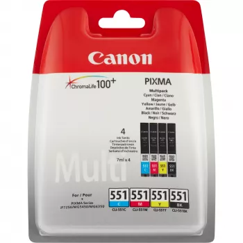 Canon CLI-551 BK/C/M/Y atramentové kazety multipack, štandardná výdrž, čierna, azúrová, purpurová, žltá, 4 ks, multipack
