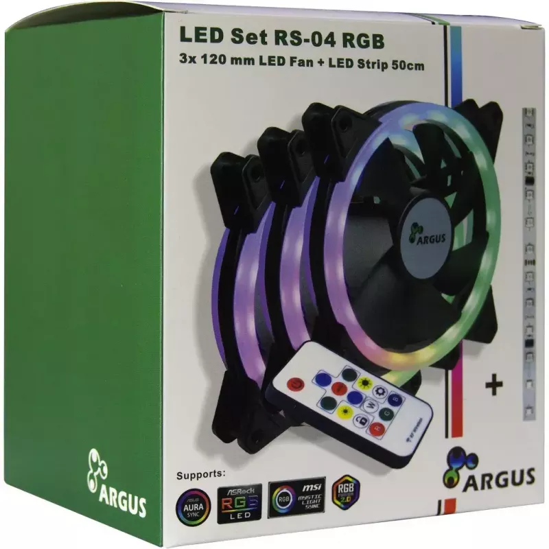 Inter-Tech Argus RS-04 sada ventilátorov RGB, 3x 120 mm s LED pásikom 50 cm a diaľkovým ovládaním, čierna