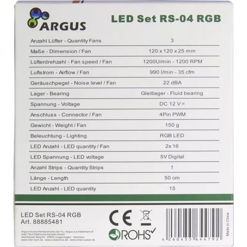 Inter-Tech Argus RS-04 sada ventilátorov RGB, 3x 120 mm s LED pásikom 50 cm a diaľkovým ovládaním, čierna