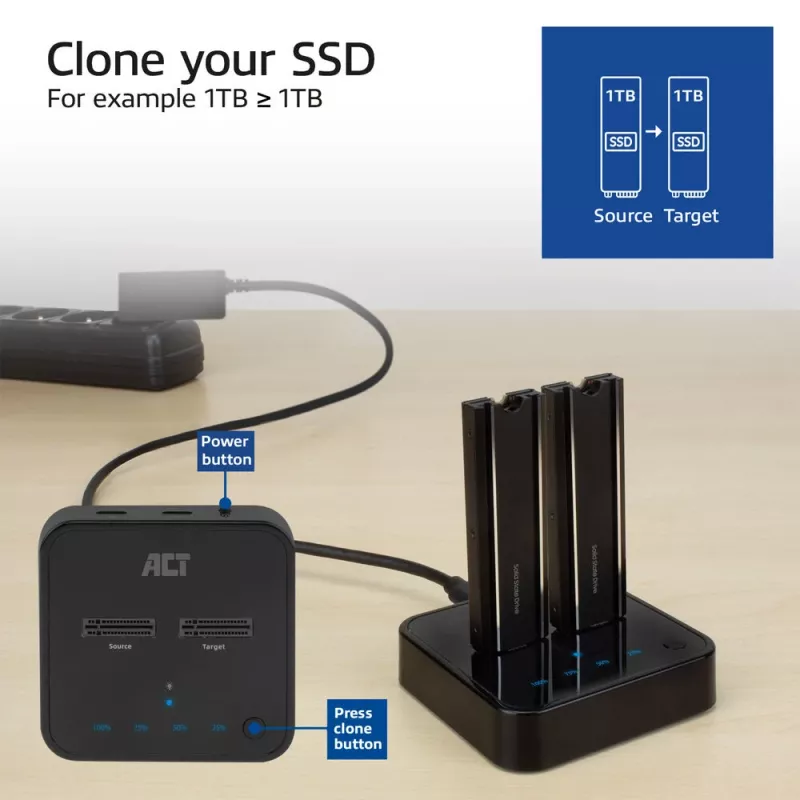 ACT M.2 NVMe/PCIe duálna SSD dokovacia klonovacia stanica, USB-C 3.2 Gen2