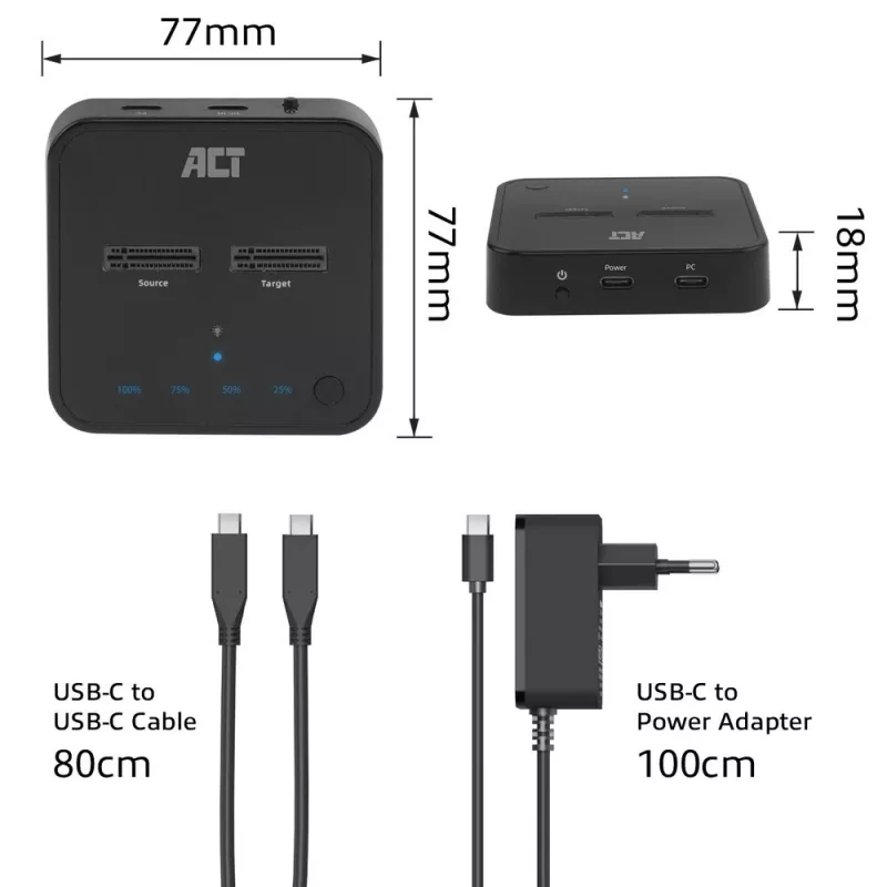 ACT M.2 NVMe/PCIe duálna SSD dokovacia klonovacia stanica, USB-C 3.2 Gen2
