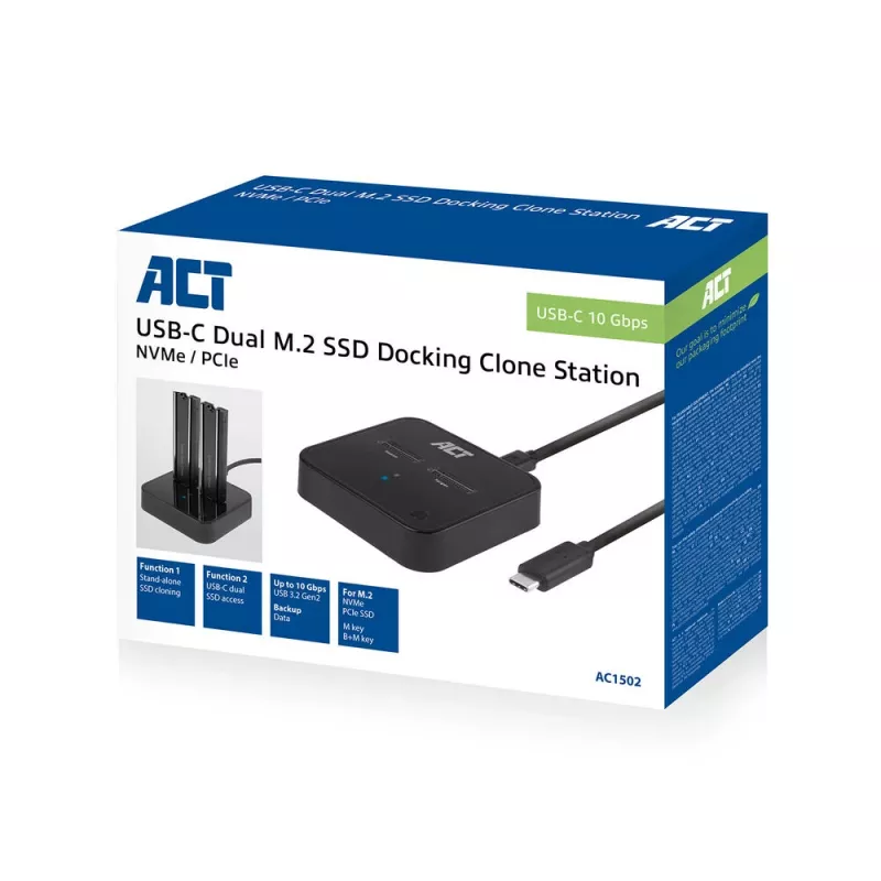 ACT M.2 NVMe/PCIe duálna SSD dokovacia klonovacia stanica, USB-C 3.2 Gen2
