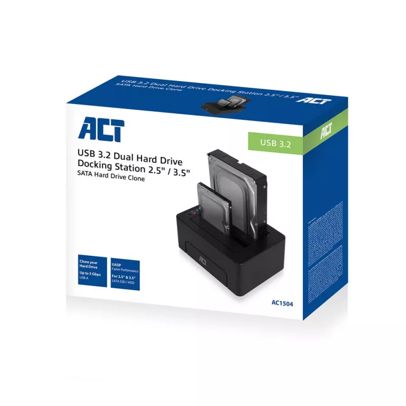 ACT 2,5 palca a 3,5 palca SATA duálna HDD/SSD dokovacia stanica, USB 3.2 Gen1