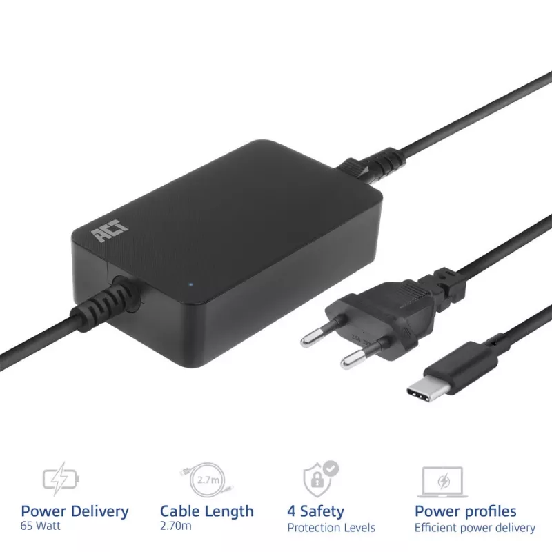 ACT USB-C nabíjačka na notebook s Power Delivery profilmi 65 W, notebook, interiér, 100–240 V, 50/60 Hz, 65 W, 5–20 V