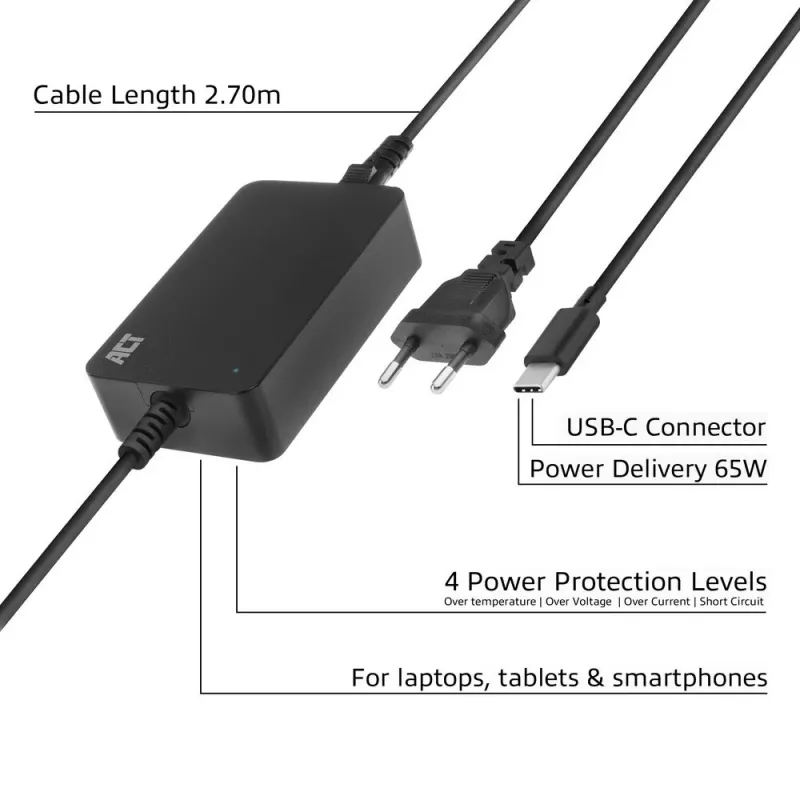 ACT USB-C nabíjačka na notebook s Power Delivery profilmi 65 W, notebook, interiér, 100–240 V, 50/60 Hz, 65 W, 5–20 V