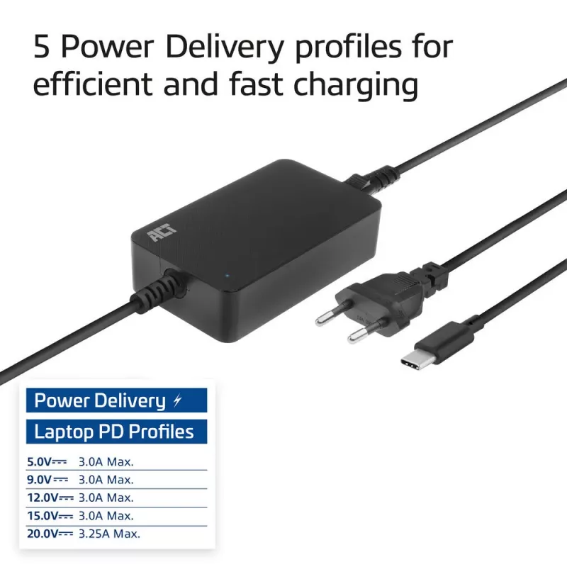 ACT USB-C nabíjačka na notebook s Power Delivery profilmi 65 W, notebook, interiér, 100–240 V, 50/60 Hz, 65 W, 5–20 V