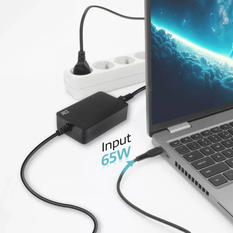 ACT USB-C nabíjačka na notebook s Power Delivery profilmi 65 W, notebook, interiér, 100–240 V, 50/60 Hz, 65 W, 5–20 V