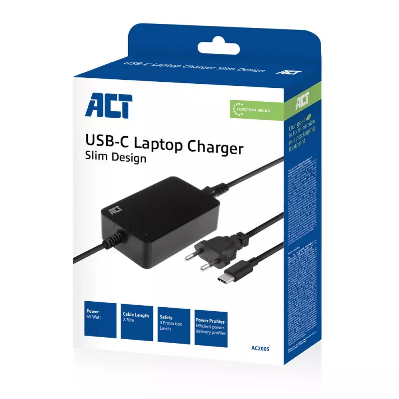 ACT USB-C nabíjačka na notebook s Power Delivery profilmi 65 W, notebook, interiér, 100–240 V, 50/60 Hz, 65 W, 5–20 V