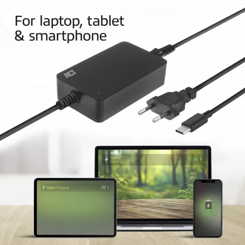 ACT USB-C nabíjačka na notebook s Power Delivery profilmi 65 W, notebook, interiér, 100–240 V, 50/60 Hz, 65 W, 5–20 V