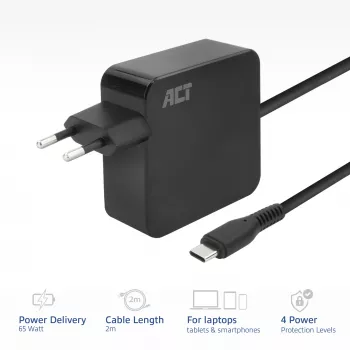 ACT USB-C napájací zdroj na notebook 65W s Power-Delivery profilmi, 2 metre