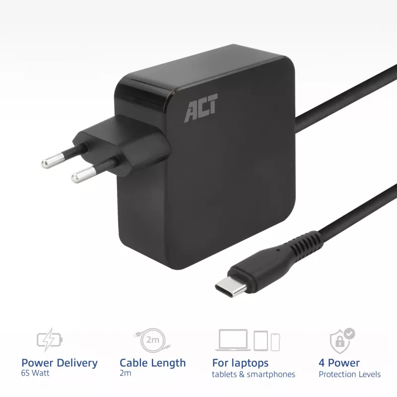 ACT USB-C napájací zdroj na notebook 65W s Power-Delivery profilmi, 2 metre