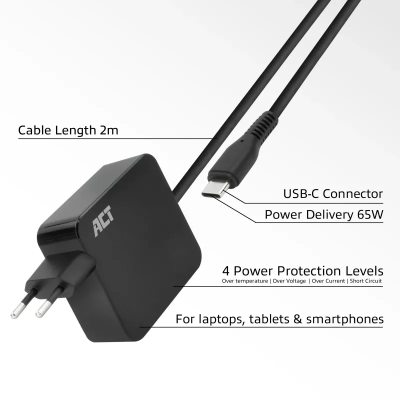ACT USB-C napájací zdroj na notebook 65W s Power-Delivery profilmi, 2 metre