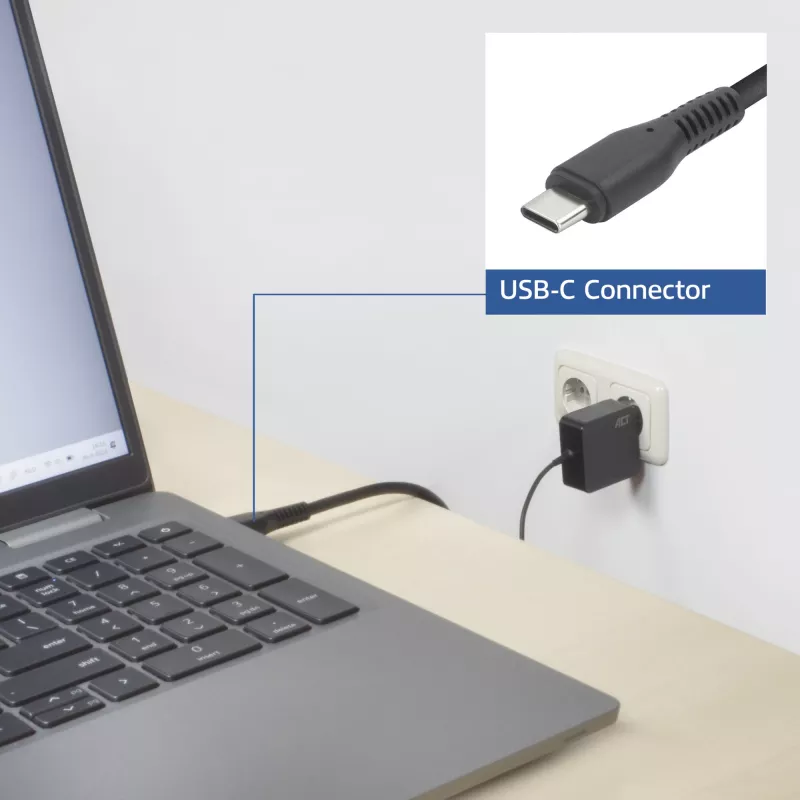 ACT USB-C napájací zdroj na notebook 65W s Power-Delivery profilmi, 2 metre