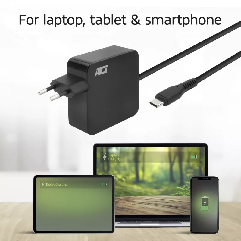 ACT USB-C napájací zdroj na notebook 65W s Power-Delivery profilmi, 2 metre