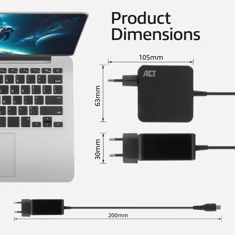 ACT USB-C napájací zdroj na notebook 65W s Power-Delivery profilmi, 2 metre