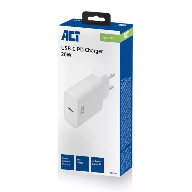 ACT kompaktný USB-C nabíjací adaptér 20W rýchle nabíjanie interiér univerzálny biely