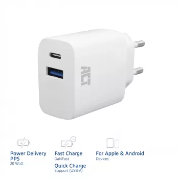 ACT USB-C & USB-A nabíjačka 20 W s Power Delivery PPS, Quick Charge, GaNFast