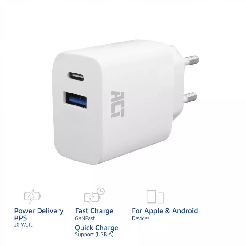 ACT USB-C & USB-A nabíjačka 20 W s Power Delivery PPS, Quick Charge, GaNFast