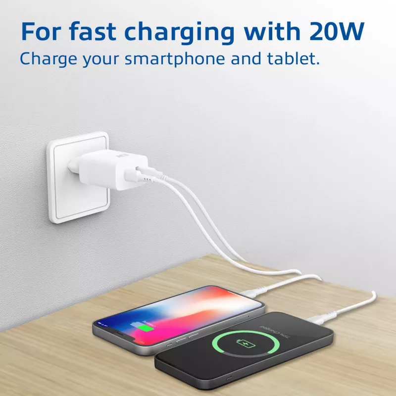 ACT USB-C & USB-A nabíjačka 20 W s Power Delivery PPS, Quick Charge, GaNFast