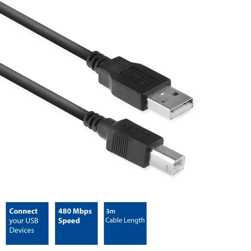 ACT USB 2.0 prepojovací kábel A konektor samec - B konektor samec 3 metre